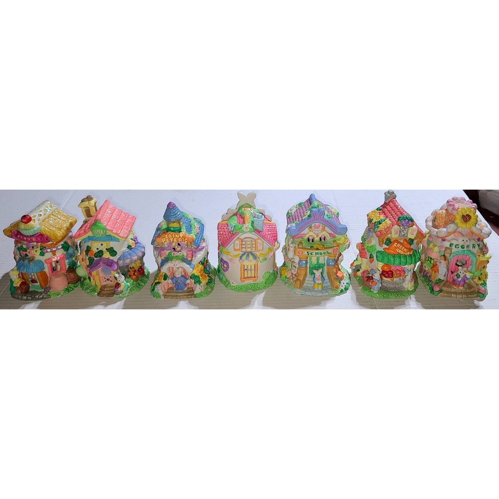 7 ct. Vintage Easter Village Houses Eggery Church School Bakery Grocery Candy
